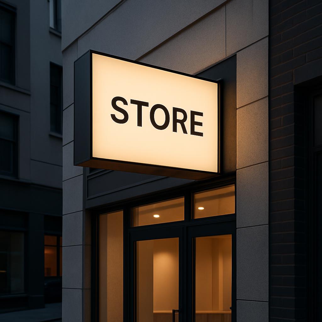 Store sign at night.