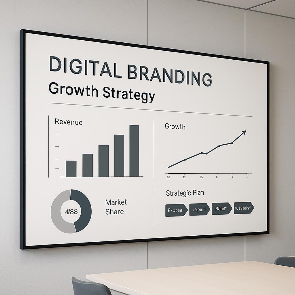 Digital branding growth strategy charts on whiteboard.